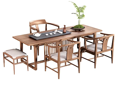 Modern Style Solid Wood Tea Table And Chairs With Tea Set Tray And Potted Plant 3d model