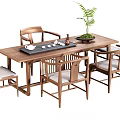Modern Style Solid Wood Tea Table And Chairs With Tea Set Tray And Potted Plant