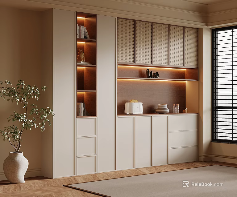 Modern Cream Sideboard With Light Wood Accent LED Lighting Open Shelves And Decorative Items 3d model 