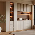Modern Cream Sideboard With Light Wood Accent LED Lighting Open Shelves And Decorative Items