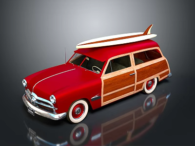 Classic Red Vintage Station Wagon With Wooden Panels And Surfboard On Roof 3d model