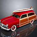 Classic Red Vintage Station Wagon With Wooden Panels And Surfboard On Roof
