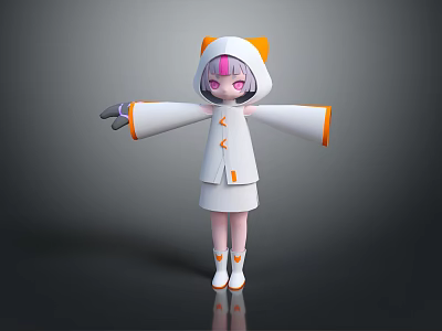 3D Game Film Character With White Hooded Coat Pink Hair Purple Eyes And Outstretched Arms 3d model