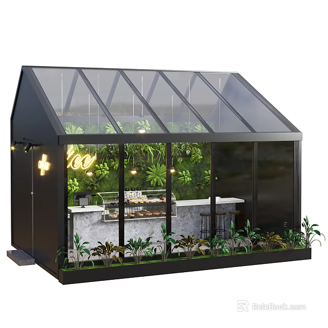 Modern Glasshouse Interior With Black Frame Transparent Glass Bar Counter Plants And Lights 3d model 