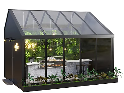 Modern Glasshouse Interior With Black Frame Transparent Glass Bar Counter Plants And Lights 3d model