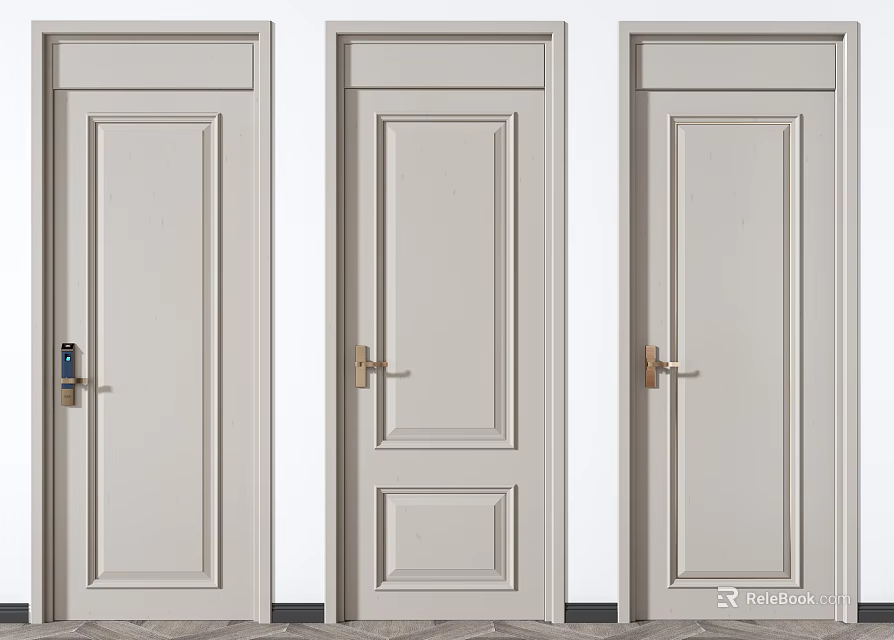 Light Colored Modern Hinged Doors With Panel Details And Brass Handles 3d model