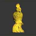 Yellow Parrot Statue With Red Crest And Spots On Tree Stump Base Against Gray Background
