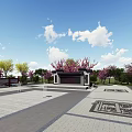 Public Plaza With Central Red Decorative Element Surrounding Red Structures Paved Ground And Lush Greenery