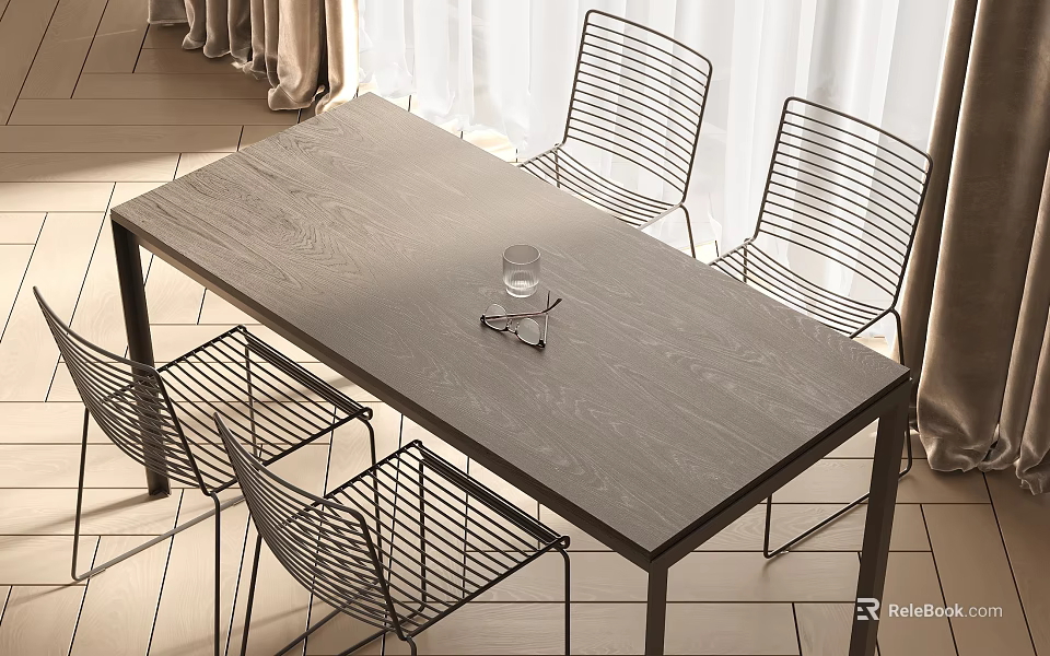 Modern Wooden Dining Table Set With Four Wireframe Chairs And Natural Window Light 3d model