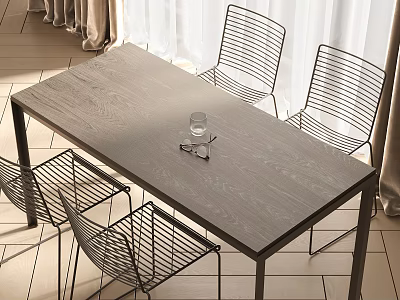 Modern Wooden Dining Table Set With Four Wireframe Chairs And Natural Window Light 3d model