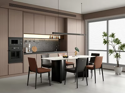 Modern Dining Area With Wooden Kitchen Cabinets Round Table Chairs Pendant Lights And Plant 3d model