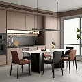 Modern Dining Area With Wooden Kitchen Cabinets Round Table Chairs Pendant Lights And Plant