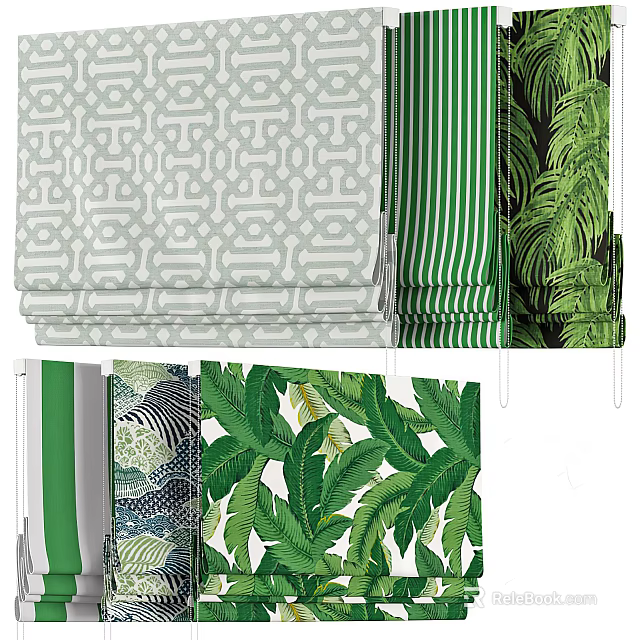 Various Designed Curtains with Green Grey Geometric Striped and Tropical Leaf Patterns 3d model 