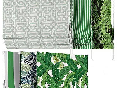 Various Designed Curtains with Green Grey Geometric Striped and Tropical Leaf Patterns 3d model