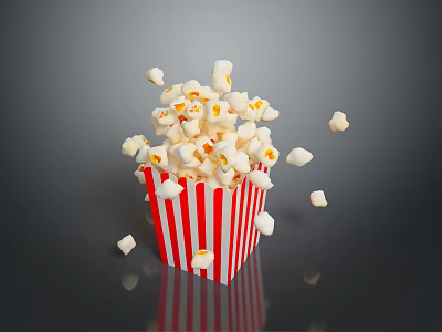 Crispy Popcorn Overflowing from Red and White Striped Box with Scattered Bits 3d model