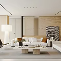 Modern Living Room Interior Design With White Sofa Coffee Table Floor Lamp And Wall Artwork