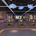 Modern Restaurant Interior Design With Round Tables Bar Counter Neon Lights And Wine Racks