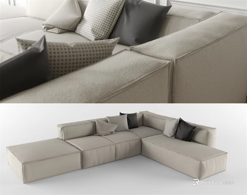 Light Gray Sectional Sofa With Plush Gray Black And Patterned Cushions 3d model