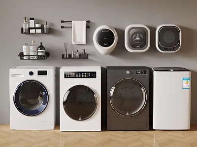 Modern Laundry Room With Washing Machines Towel Rack And Toiletries 3d model