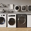 Modern Laundry Room With Washing Machines Towel Rack And Toiletries