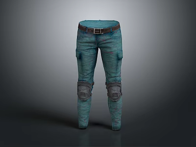 Blue Denim Pants With Brown Belt Knee Patches And Distressed Casual Style 3d model