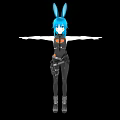 3D Animated Game Character With Blue Hair Rabbit Ears Black Orange Outfit And Arms Outstretched