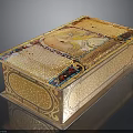 Ornate Golden Decorative Box With Intricate Inlaid Patterns And Colorful Details