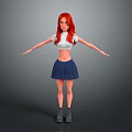 3D Character With Red Hair White Crop Top Blue Pleated Skirt Gray Boots Arms Outstretched