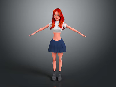 3D Character With Red Hair White Crop Top Blue Pleated Skirt Gray Boots Arms Outstretched 3d model