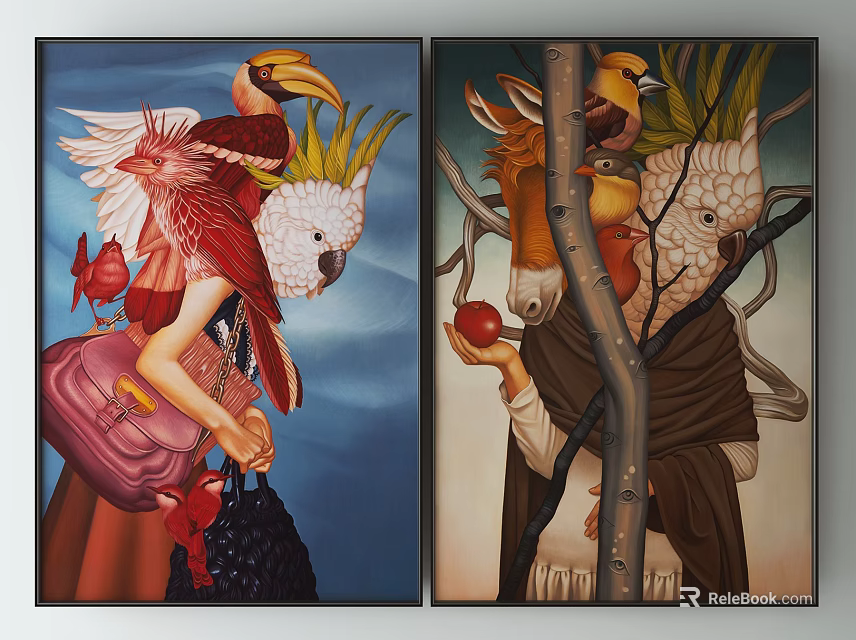 Surreal Paintings Featuring Female In Red Dress Birds Donkey Head And Apple 3d model 