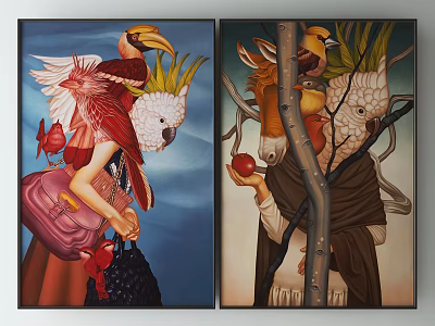 Surreal Paintings Featuring Female In Red Dress Birds Donkey Head And Apple 3d model