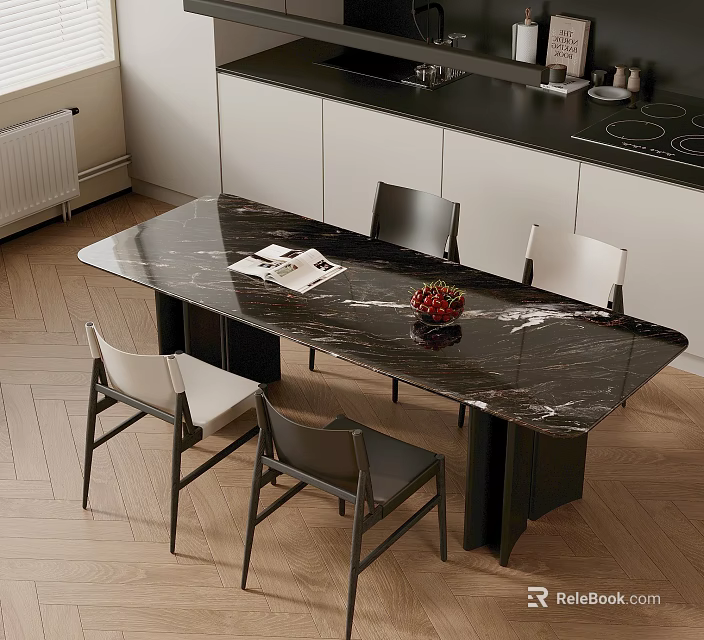 Modern Black Marble Dining Table With Chairs Magazine And Fruit Bowl 3d model 