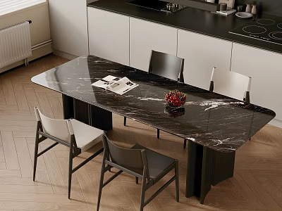 Modern Black Marble Dining Table With Chairs Magazine And Fruit Bowl 3d model
