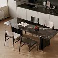 Modern Black Marble Dining Table With Chairs Magazine And Fruit Bowl
