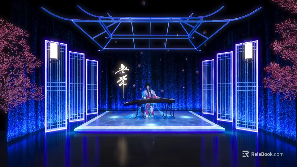 Chinese Classical Stage With Blue Lighting Guqin Player Lattice Screens And Weiyang Character 3d model 