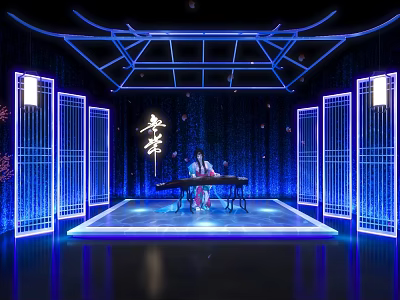 Chinese Classical Stage With Blue Lighting Guqin Player Lattice Screens And Weiyang Character 3d model