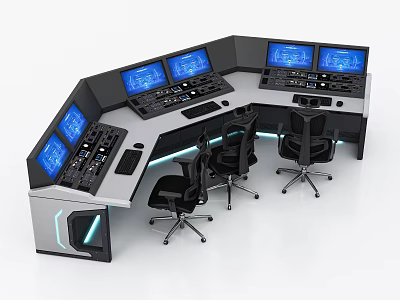 Modern Functional Desk With Multiple Screens Control Panels And Ergonomic Chairs 3d model