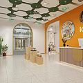 Shopping Mall Store Interior With Orange Walls Green Archways Decorative Lights And Wooden Display Stands