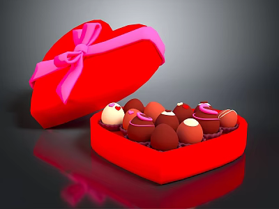 Open Red Heart Shaped Box With Pink Ribbon Bow And Assorted Chocolates 3d model