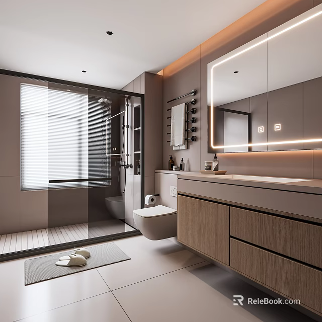 Modern Minimalist Warm Toned Bathroom With LED Mirror Glass Shower Enclosure And Wood Vanity Cabinet 3d model 