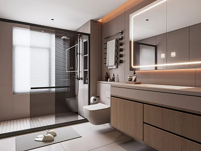 Modern Minimalist Warm Toned Bathroom With LED Mirror Glass Shower Enclosure And Wood Vanity Cabinet 3d model