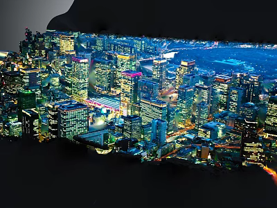 Dazzling City Night View with Illuminated Skyscrapers Lights and Flowing River 3d model