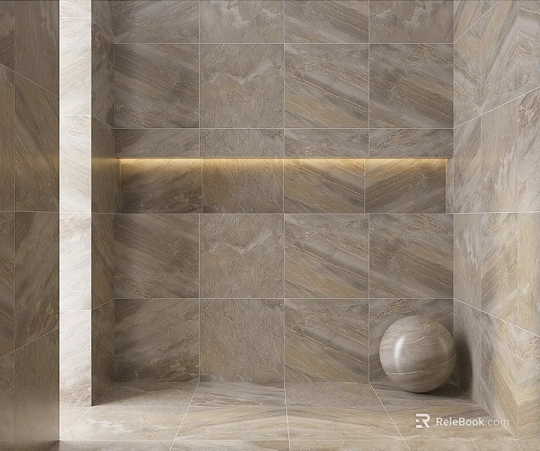 Elegant Taupe Tile Wall With Built In Light Strip And Marble Sphere Decoration 3d model 