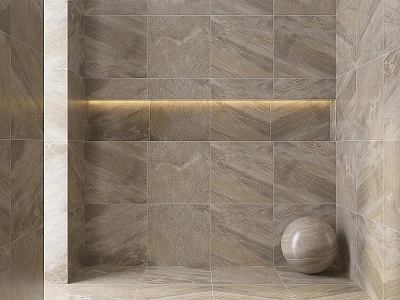 Elegant Taupe Tile Wall With Built In Light Strip And Marble Sphere Decoration 3d model