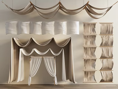 Elegant Beige Ceiling Drapery Designs With Various Hanging Styles For Interior Decor 3d model