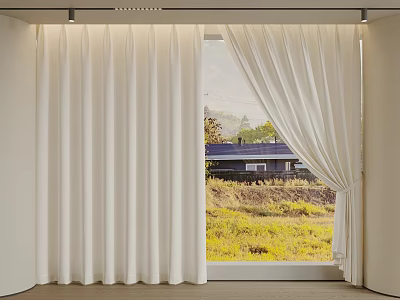 White Floor to Ceiling Curtains Partially Drawn With Green Grass Yellow Flowers And Countryside House 3d model