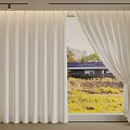 White Floor to Ceiling Curtains Partially Drawn With Green Grass Yellow Flowers And Countryside House
