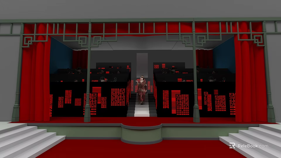 Traditional Style Leisure Chair On Red Decor Stage With Black Display Cabinets 3d model 