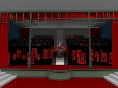 Traditional Style Leisure Chair On Red Decor Stage With Black Display Cabinets 3d model