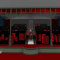 Traditional Style Leisure Chair On Red Decor Stage With Black Display Cabinets